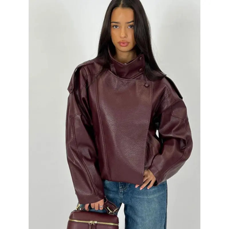 Veste en similicuir noir Col montant Veste motard ample Ourlet élastique Vêtements de rue Décontracté Manches longues Imperméable Coupe-vent pour le printemps et l'automne, Vêtements pour femmes pour un usage quotidien