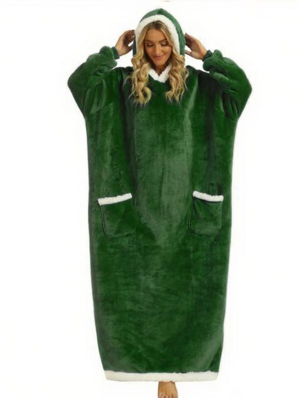 Robe longue à capuche en flanelle de coton mélangé automne-hiver, motif Noël, vêtement d'intérieur doux et confortable avec poche verticale, style uni décontracté