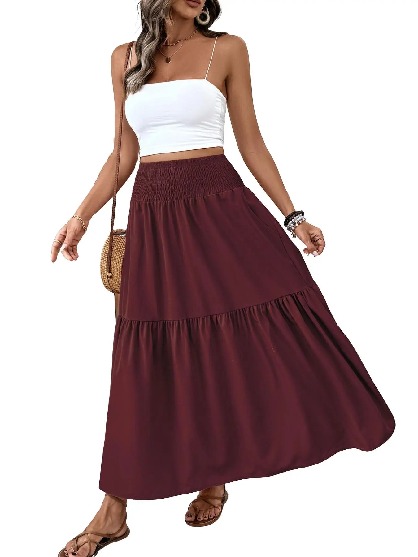 Jupe trapèze décontractée fleurie pour femme, taille élastique, poches, ourlet feuille, jupe longue ajustée, robe mi-longue tendance