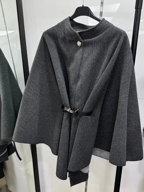 Manteau cape en laine ceinturé à boucle unie pour femme