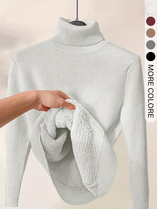 Pull en tricot uni doublé thermiquement à épaules tombantes et col montant pour femmes, pull décontracté à manches longues pour le quotidien en extérieur, haut en tricot pour femmes pour l'automne et l'hiver.