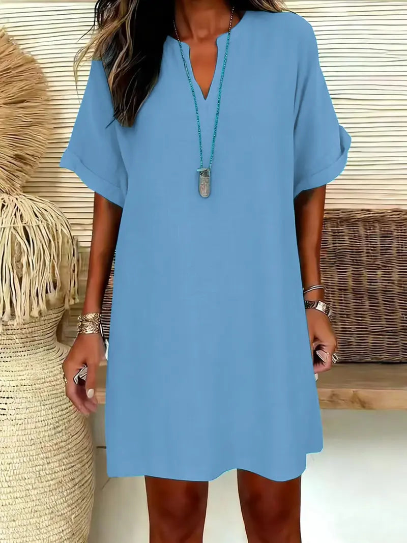 Robe midi unie à encolure crantée et manches courtes pour femme, robe trapèze décontractée chic à épaules tombantes pour l'été, robe confortable et élégante