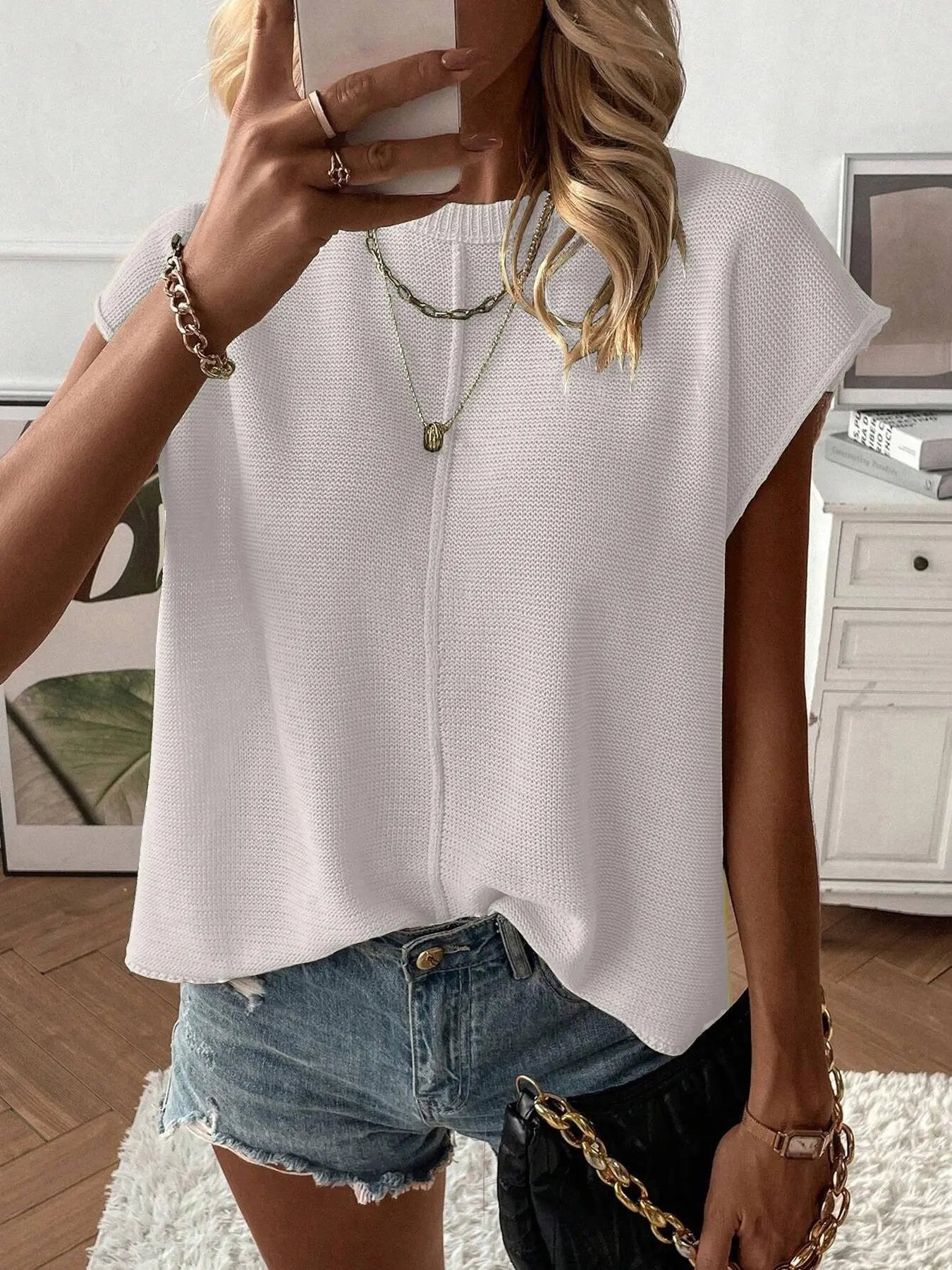 Gilet pull femme de couleur unie, haut tricoté décontracté à col rond pour l'été, tricot femme tendance pour le quotidien