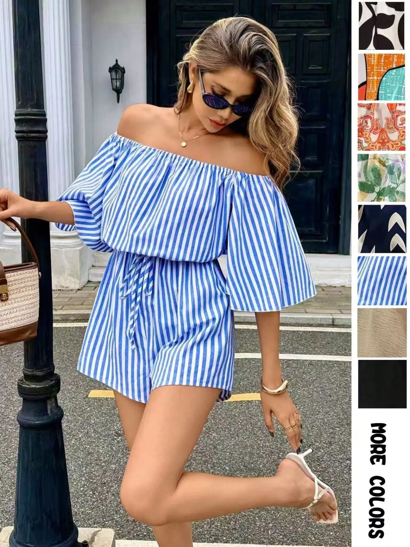 Combishort Femme à Imprimé Feuillage Épaules Dénudées et Nœud sur le Devant, Combinaison Décontractée à Manches Volantes pour l'Été, Vêtements de Mode pour Femme pour Vacances à la Plage