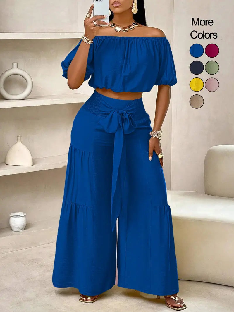 Ensemble pantalon femme couleur unie à jambes larges, haut décontracté à épaules dénudées et pantalon palazzo pour l'été, tenue de vacances à la plage pour femme.