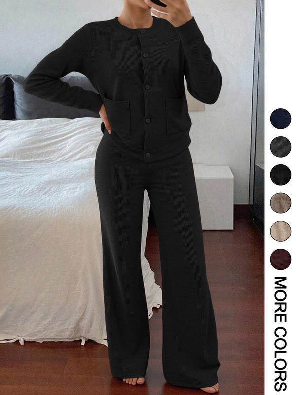 Ensemble pull tricoté à manches longues et col rond confortable et décontracté pour femme, pantalon ample polyvalent taille haute, parfait pour le quotidien