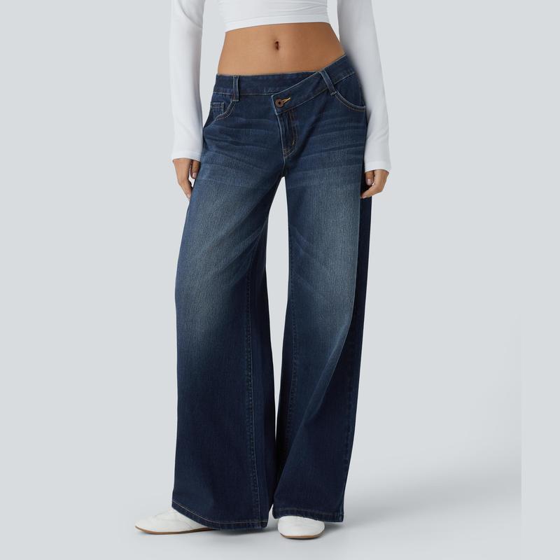 Jean décontracté baggy délavé coupe large à poches zippées asymétriques taille basse