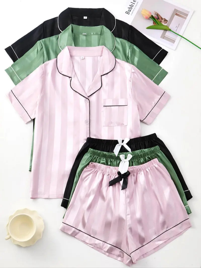Ensemble de pyjama pour femme de couleur unie avec nœud contrastant, chemise à manches courtes boutonnée avec col à revers et short, pyjama d'été pour femme et vêtements de détente