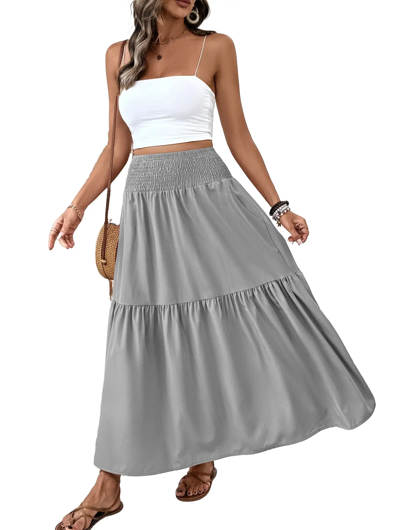 Jupe trapèze décontractée fleurie pour femme, taille élastique, poches, ourlet feuille, jupe longue ajustée, robe mi-longue tendance