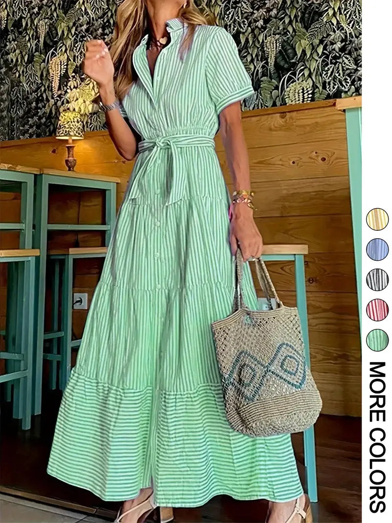 Robe longue décontractée et élégante pour femme avec ceinture imprimée à rayures, vêtements d'été pour femme, pour le quotidien