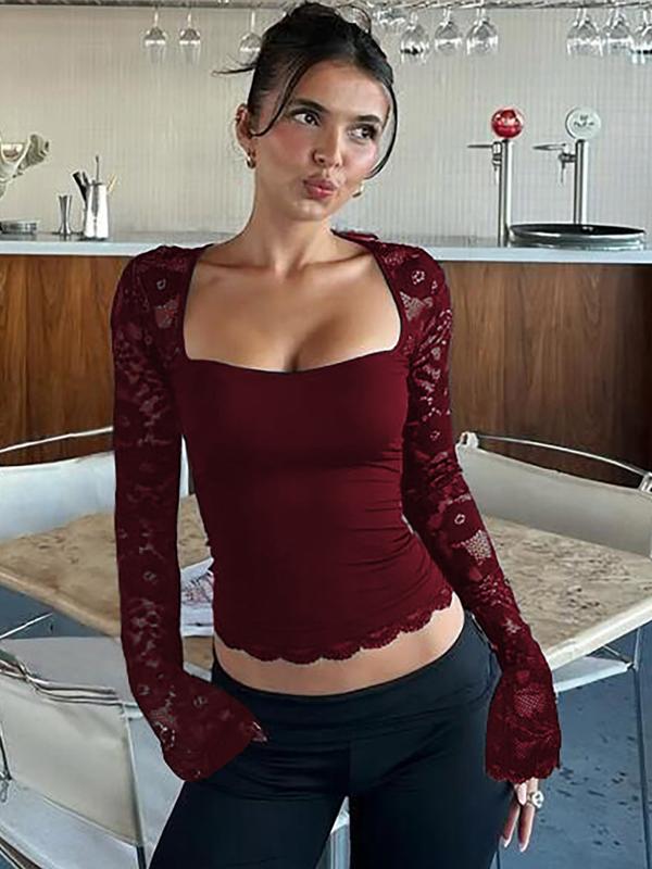 T-shirt à manches longues transparentes avec volants et dentelle florale pour femme, motif floral sexy, coupe ajustée, idéal pour les fêtes, les clubs et les vacances, vêtements d'été pour femme, haut