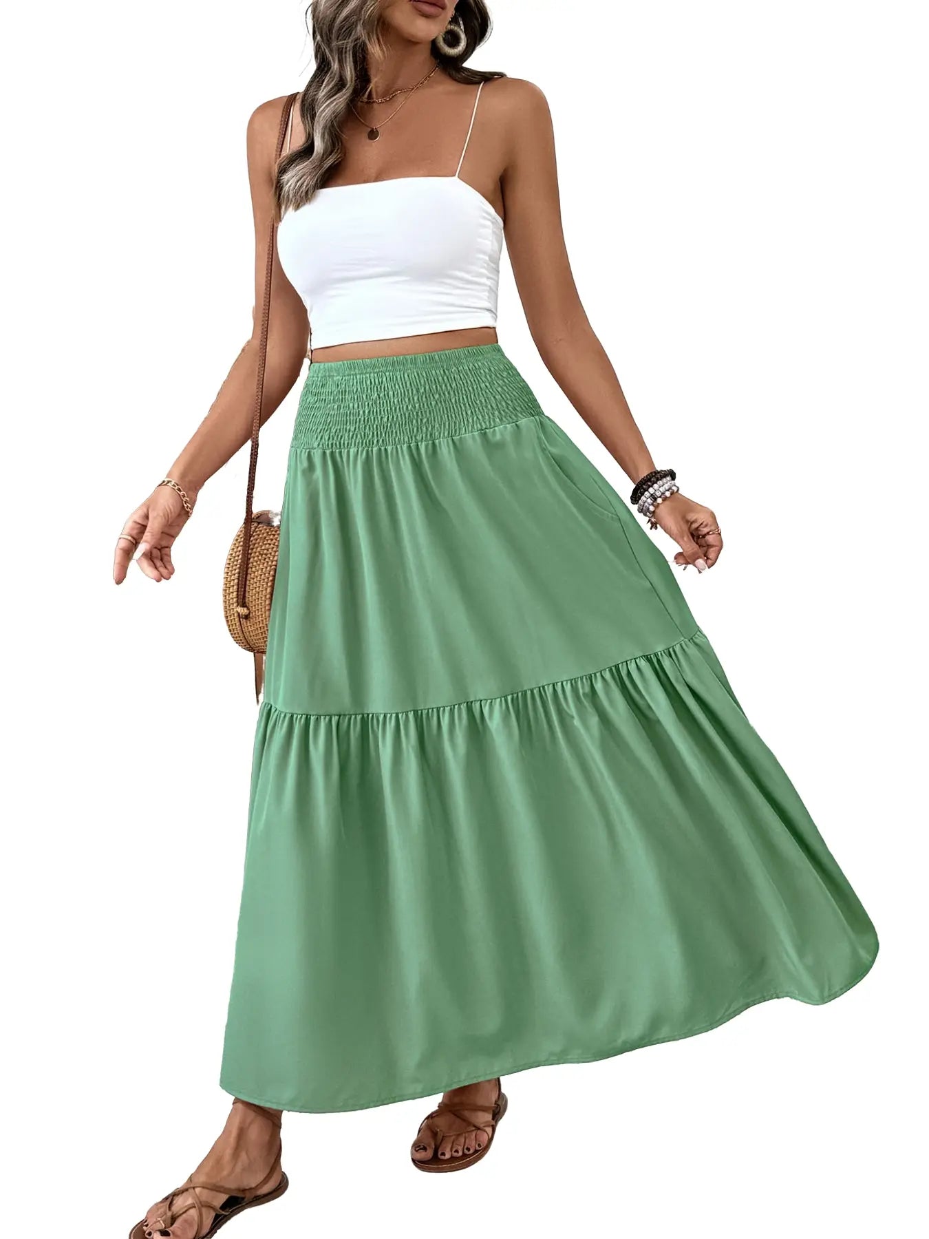 Jupe trapèze décontractée fleurie pour femme, taille élastique, poches, ourlet feuille, jupe longue ajustée, robe mi-longue tendance