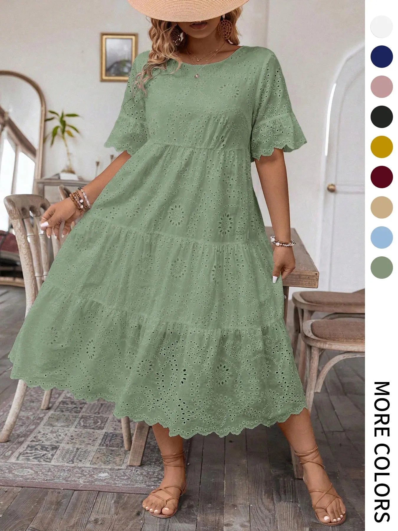【Grande Taille】 Robe Unie Broderie Anglaise, Robe Bohème à Col Rond pour Vacances et Usage Quotidien – Vêtements d'Été pour Femmes