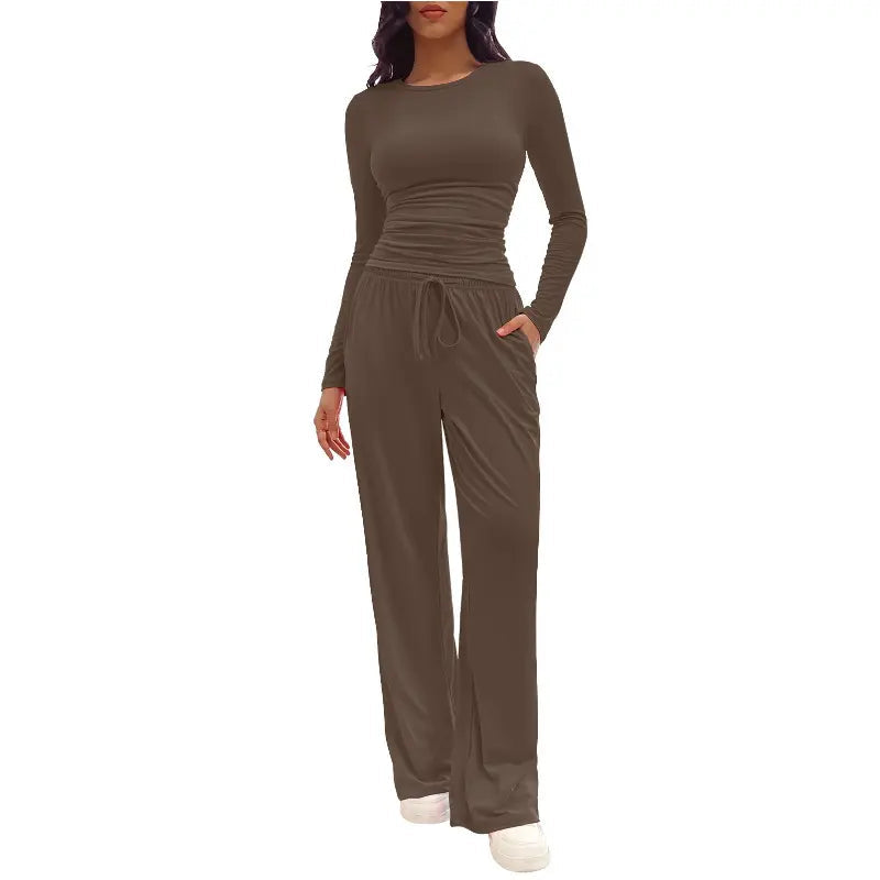 Ensemble de détente femme uni, froncé et à cordon de serrage, haut décontracté à manches longues et col rond et pantalon large à poches, pyjama femme pour toutes les saisons