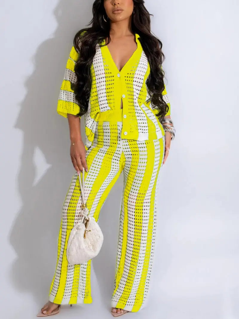 Ensemble deux pièces femme - Haut color block rayé découpé boutonné et pantalon large