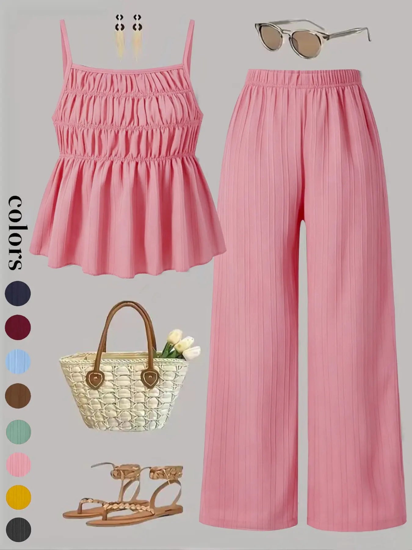 Ensemble deux pièces pour femme, caraco de couleur unie et pantalon large