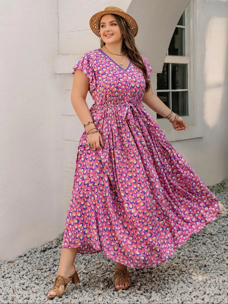 Robe trapèze avec manches papillon, ceinture, ourlet à volants et imprimé floral