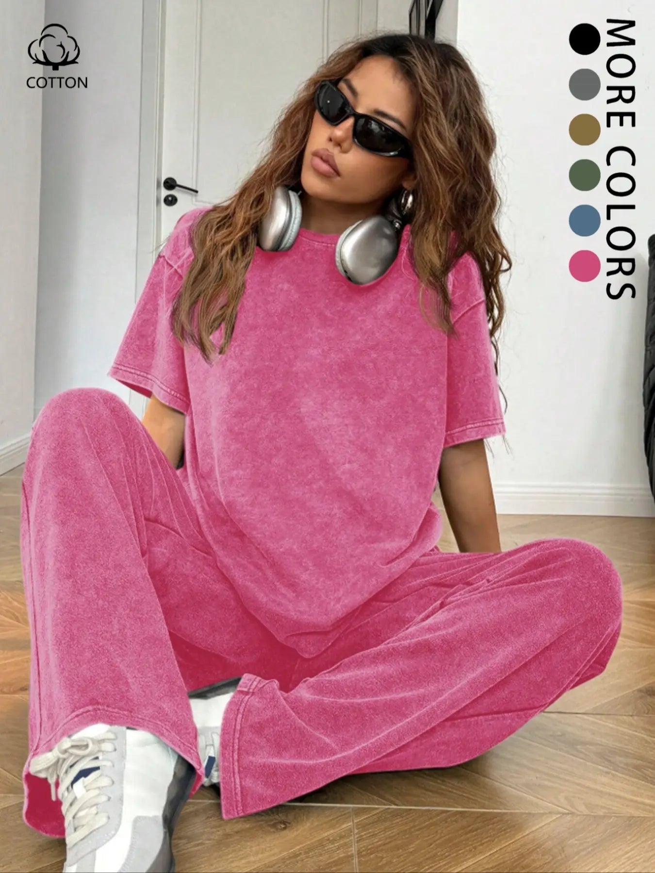 Ensemble deux pièces décontracté pour femme, t-shirt ample à manches courtes en coton délavé et pantalon long, toutes saisons, style uni