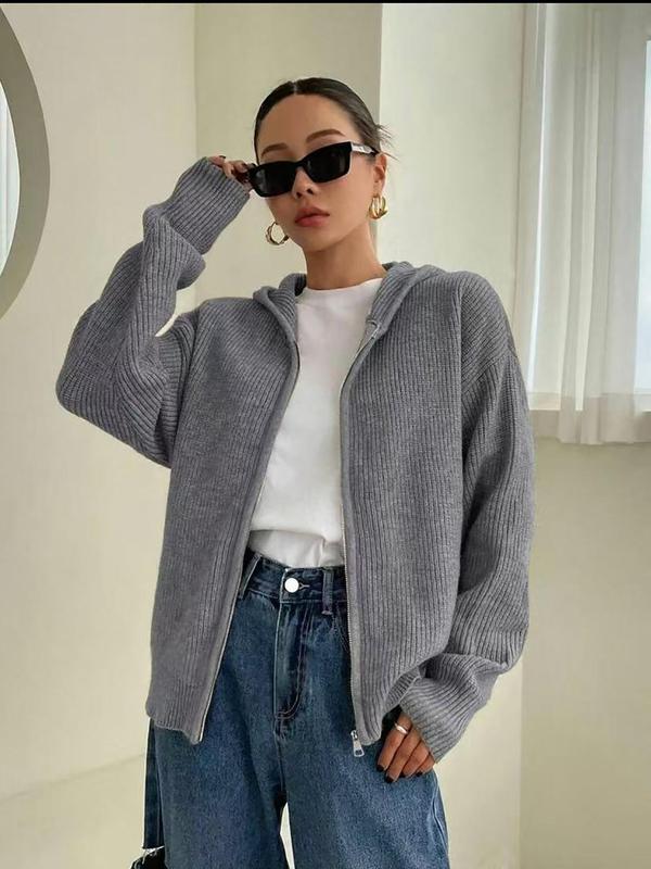 Cardigan à capuche zippé de couleur unie pour femme, en tricot décontracté à manches longues pour l'automne et l'hiver, vêtement en maille tendance pour femme pour le quotidien