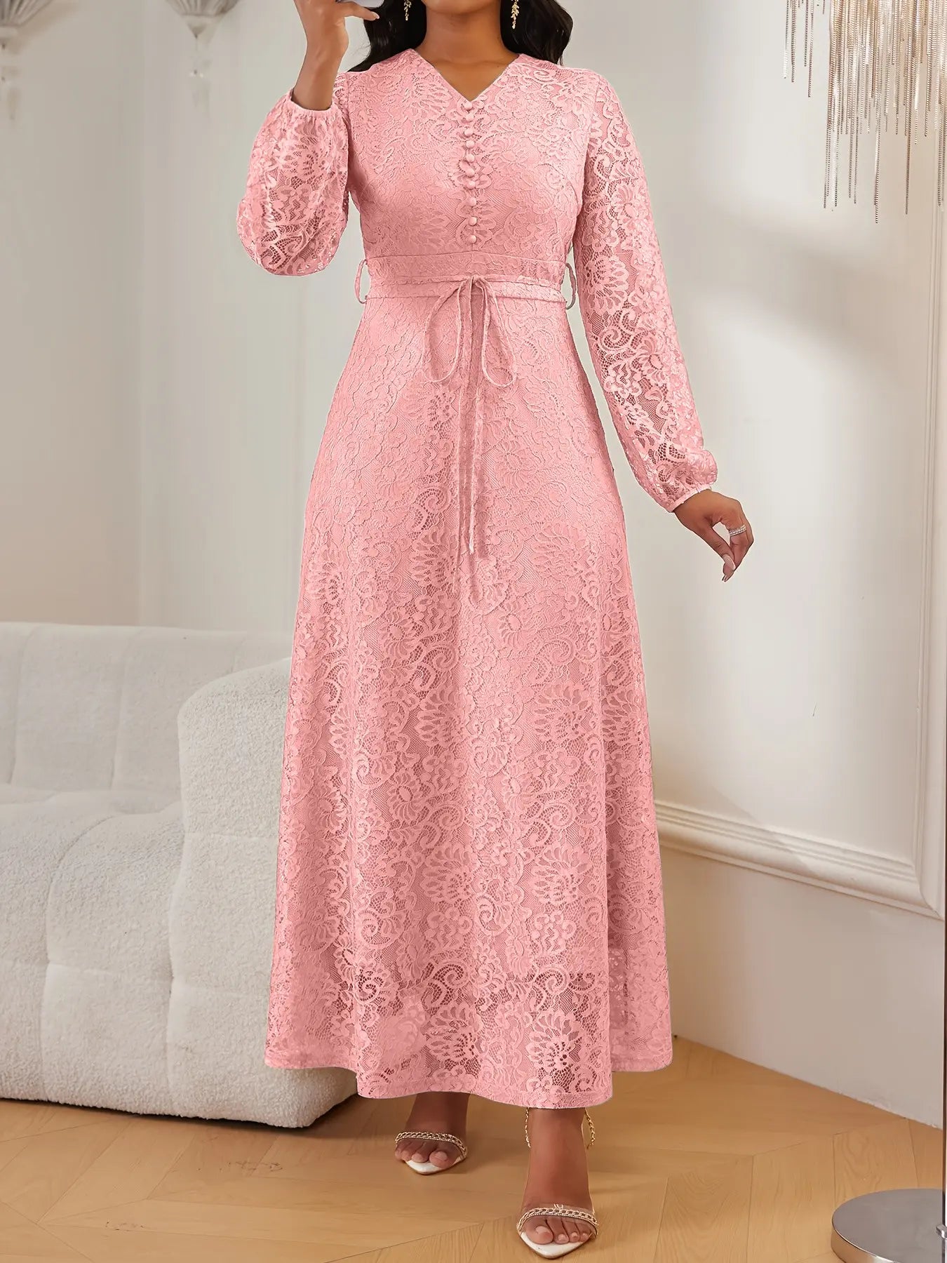 Robe longue femme col V en dentelle, manches longues, taille ceinturée élégante et chic, coupe ajustée, couleur unie, pour mariage, soirée, occasion formelle, printemps et automne