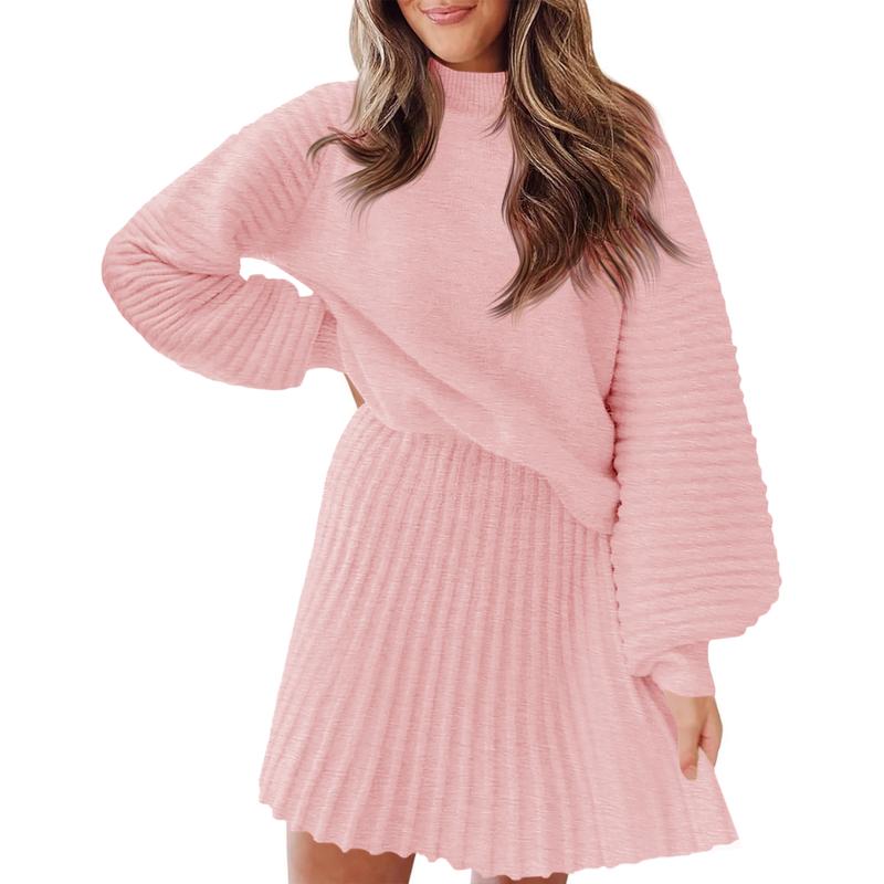 Ensembles 2 Pièces Femme 2025 Pulls Col Montant Manches Longues Côtelés et Mini-Jupe