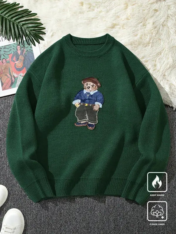 Pull ras du cou unisexe imprimé ours de dessin animé, pull décontracté ample à manches longues pour l'automne et l'hiver, tricot tendance pour femme pour un usage quotidien
