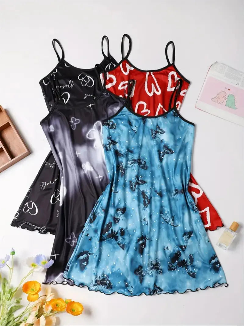 Chemisette de nuit à imprimé intégral pour femme, robe de nuit décontractée douce et confortable à fines bretelles pour toutes les saisons, vêtement de nuit pour femme pour l'intérieur, robe de nuit respirante