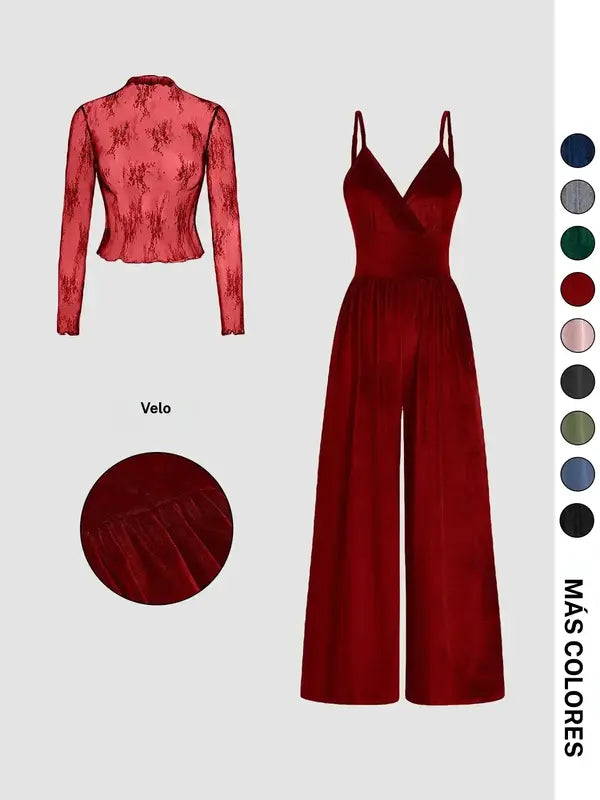 Ensemble deux pièces combishort et tee-shirt en dentelle de couleur unie pour femme, ensemble élégant et décontracté avec combishort dos zippé et haut à manches longues pour le quotidien et l'extérieur, vêtements pour femme pour le printemps et l'automne