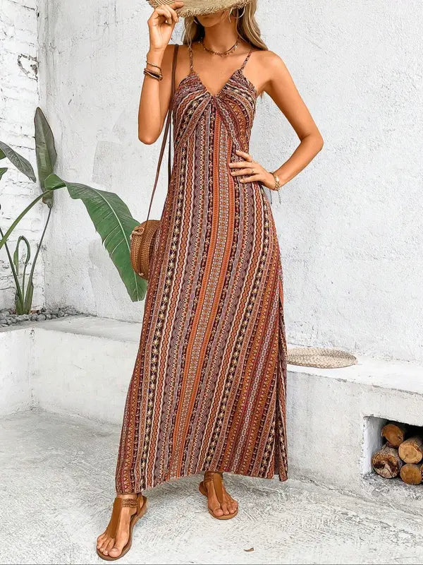 Robe caraco dos nu à imprimé ethnique pour femme