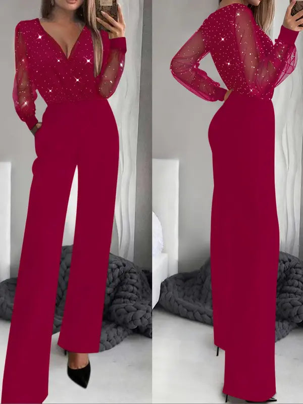 Combinaison pantalon femme printemps-automne, élégante et sexy, en maille noire et paillettes, col en V profond, manches longues, coupe amincissante et jambes larges.