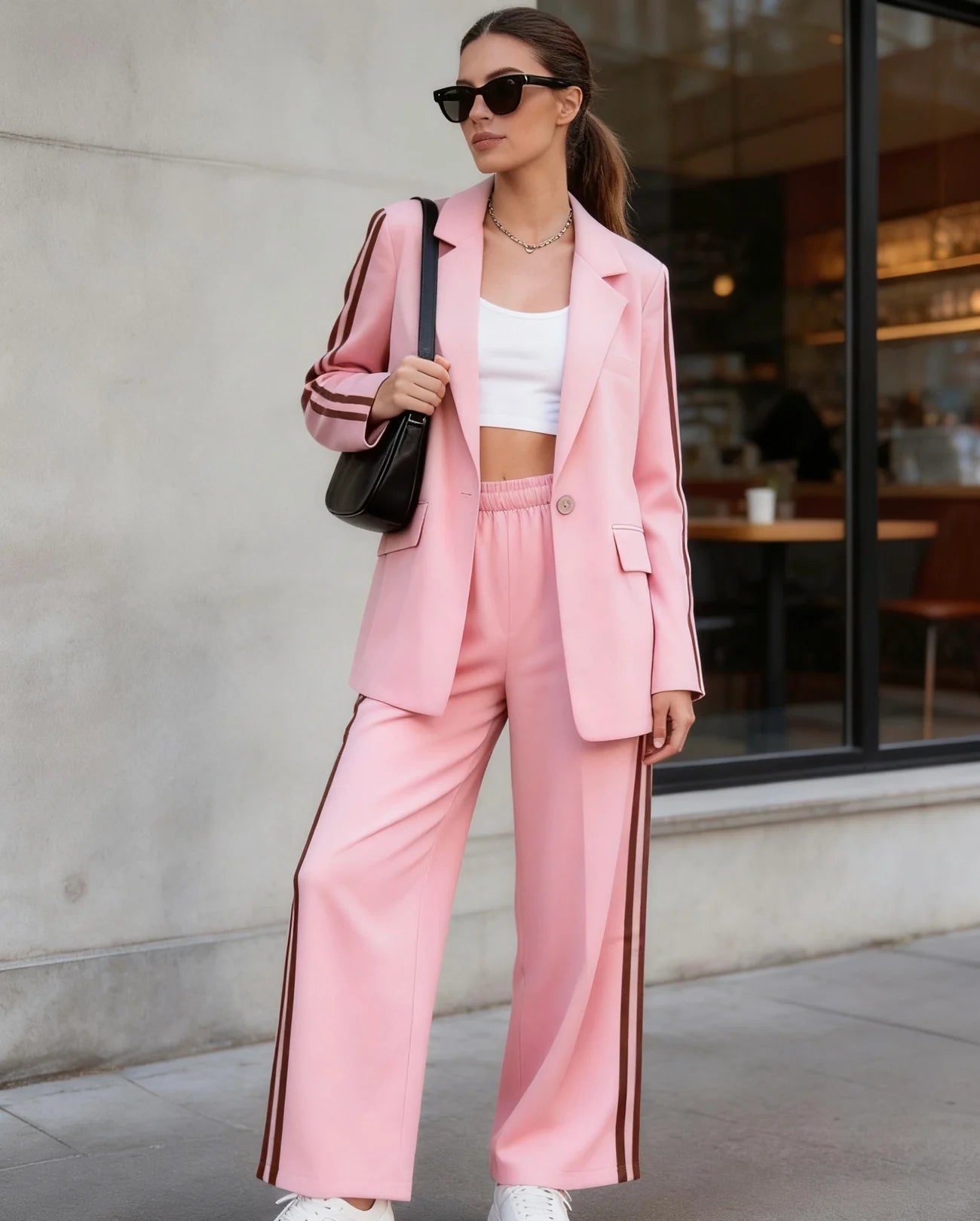Ensemble blazer classique et pantalon enduit avec boutons sur le devant et double bande latérale — Idéal pour des looks professionnels ou décontractés