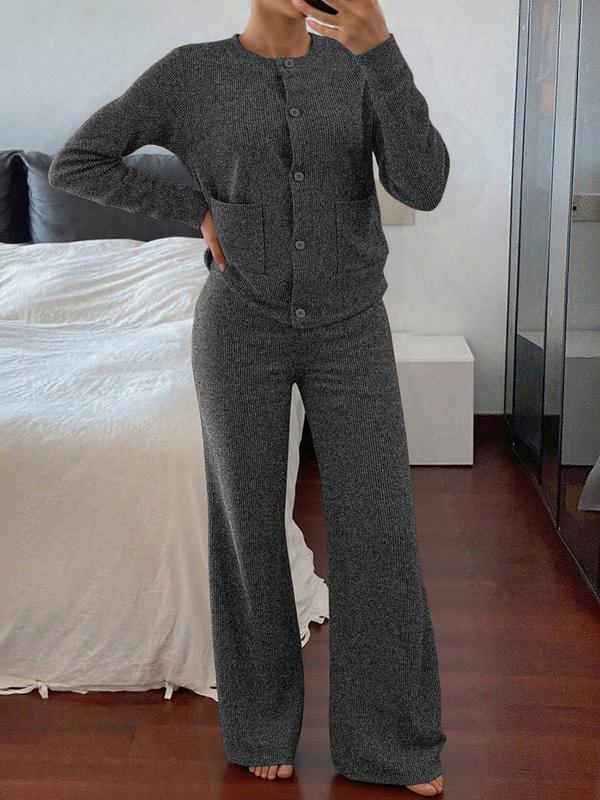 Ensemble pull tricoté à manches longues et col rond confortable et décontracté pour femme, pantalon ample polyvalent taille haute, parfait pour le quotidien