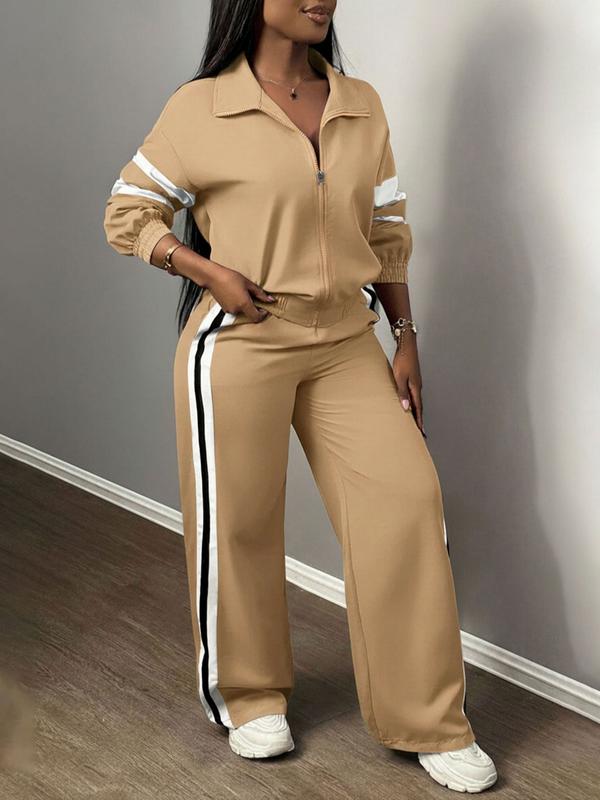 Ensemble Veste Zippée & Pantalon Large Rayé pour Femme, Style Urbain & Décontracté, Costume Deux Pièces pour Usage Quotidien