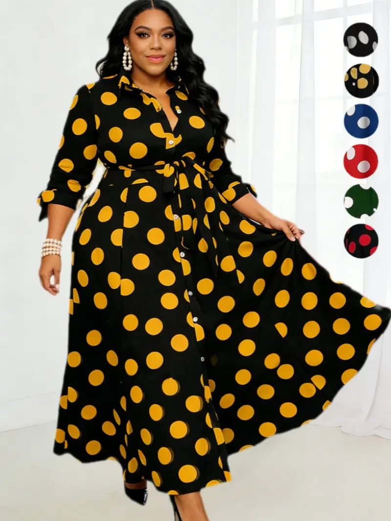 Robe chemise grande taille à pois avec ceinture et boutons devant