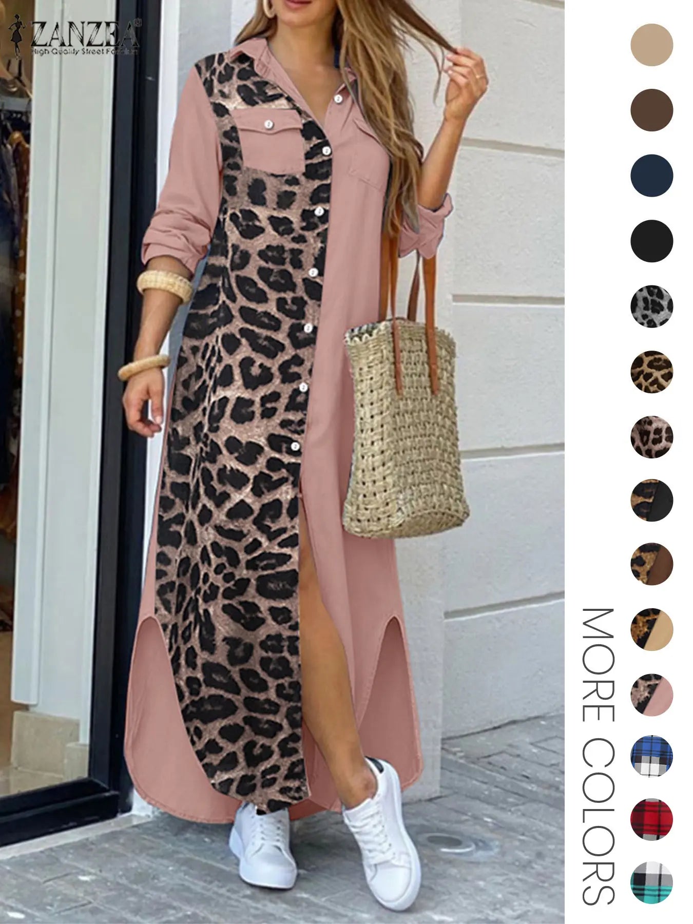 Robe chemise femme à imprimé léopard, boutonnée sur le devant avec poches à rabat, en tissu, décontractée, ourlet incurvé, manches longues, col chemise, longue, pour le quotidien, vêtements pour femmes toutes saisons