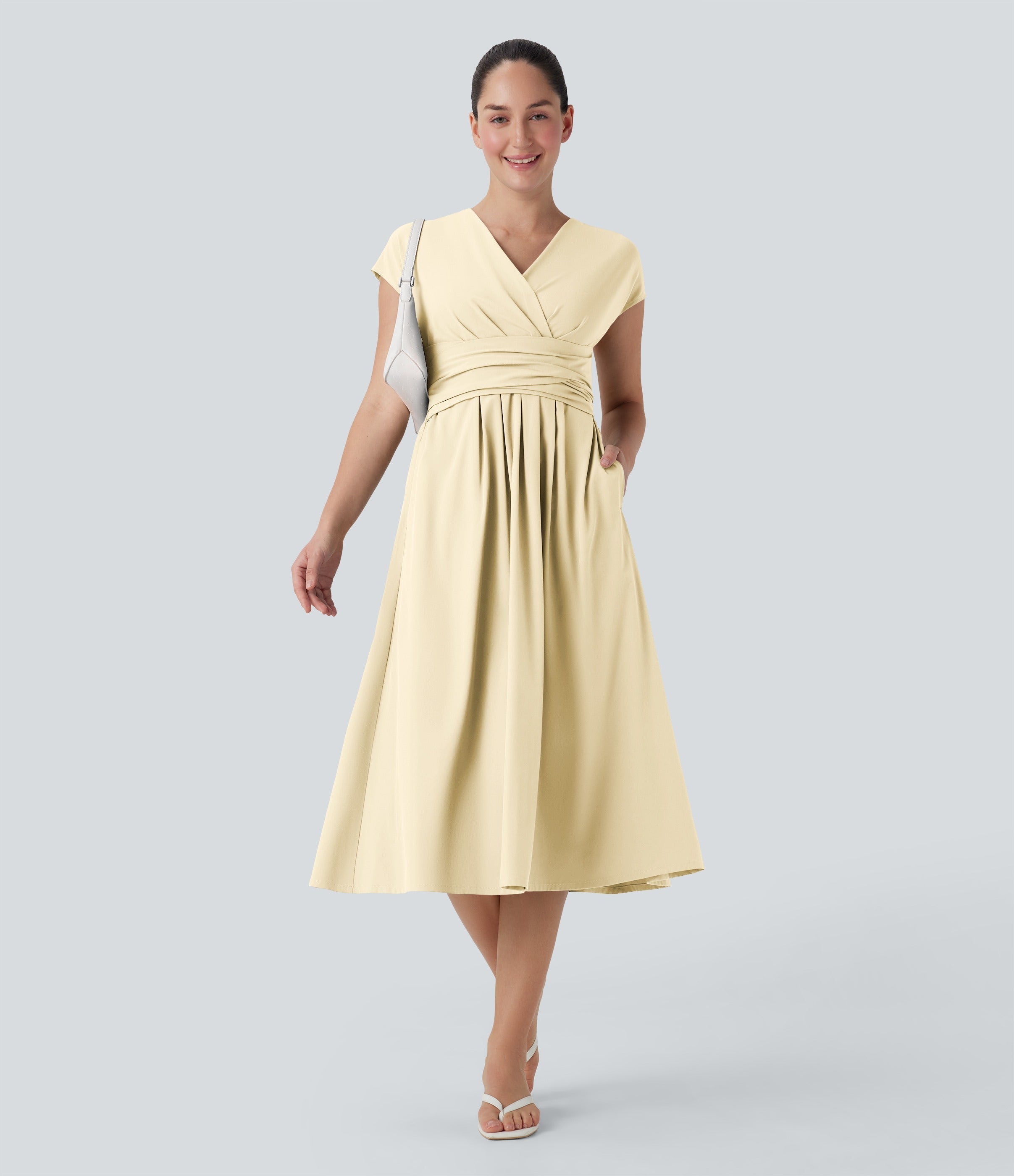 Robe midi décontractée, col en V, manches courtes, poches latérales, dos noué, séchage rapide