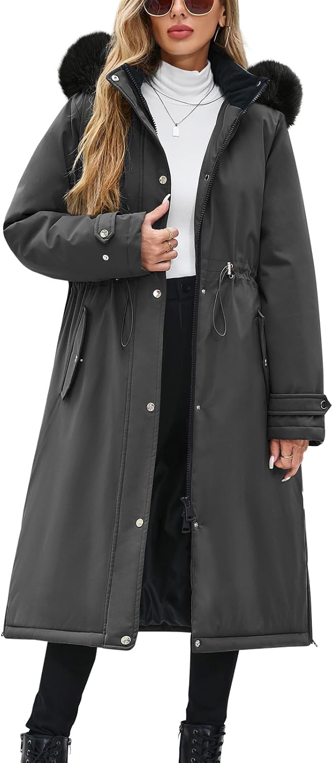 Manteaux longs pour femmes Manteaux longs chauds doublés en polaire d'hiver pour femmes, parka imperméable et coupe-vent, manteau avec fermeture éclair, boutons, cordon de serrage à la taille, avec poches et capuche amovible