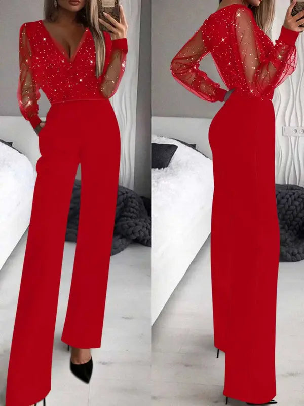 Combinaison pantalon femme printemps-automne, élégante et sexy, en maille noire et paillettes, col en V profond, manches longues, coupe amincissante et jambes larges.