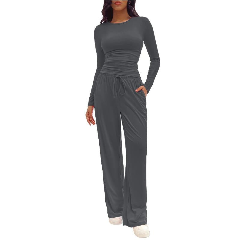 Ensemble de détente femme uni, froncé et à cordon de serrage, haut décontracté à manches longues et col rond et pantalon large à poches, pyjama femme pour toutes les saisons