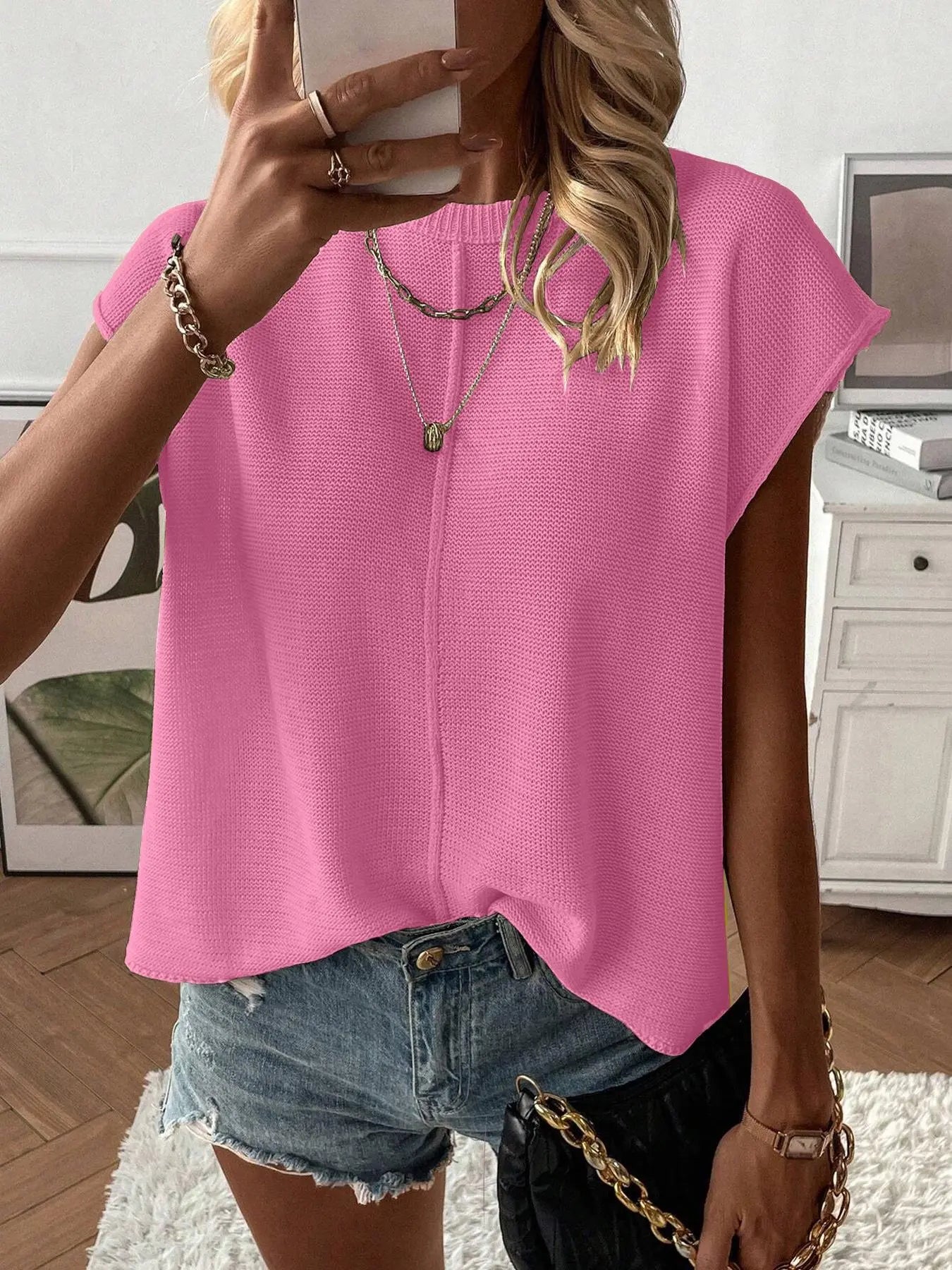 Gilet pull femme de couleur unie, haut tricoté décontracté à col rond pour l'été, tricot femme tendance pour le quotidien