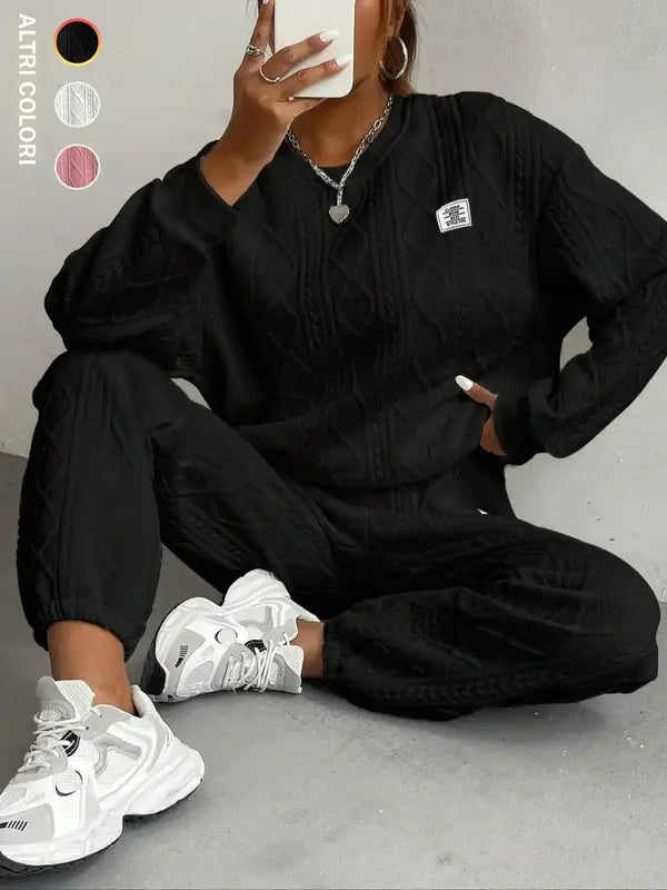 Ensemble deux pièces femme, sweat-shirt uni patchwork avec épaules tombantes et pantalon à taille élastique, survêtement décontracté et confortable avec pull à manches longues col rond et pantalon, tenues deux pièces pour femmes pour l'automne et l'hiver.