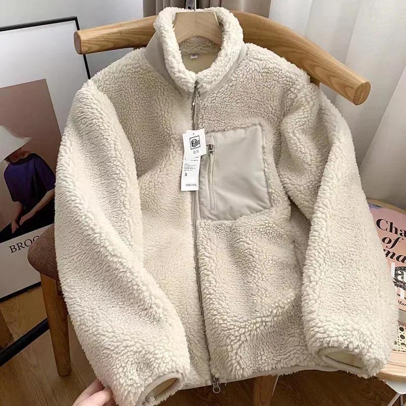 Veste en peluche Agneau Mode Femme Automne Hiver Nouvelle Poche Zippée Manches Longues Col Montant Ample Confort Chaud Veste pour Femme