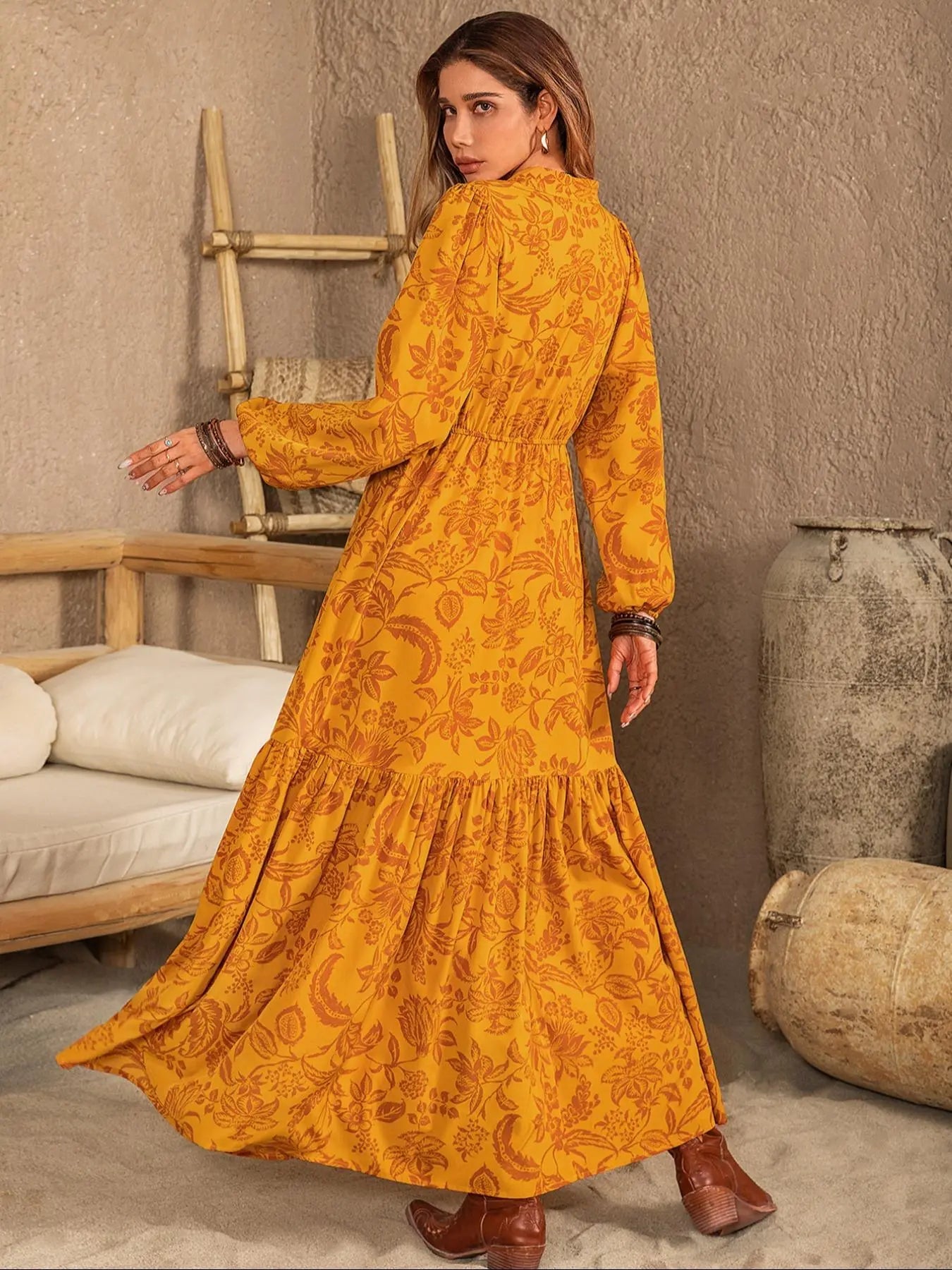 Robe longue vintage trapèze à manches longues d'évêque, col cranté, imprimé floral et bordure brodée, style western pour femme, robes pour femmes