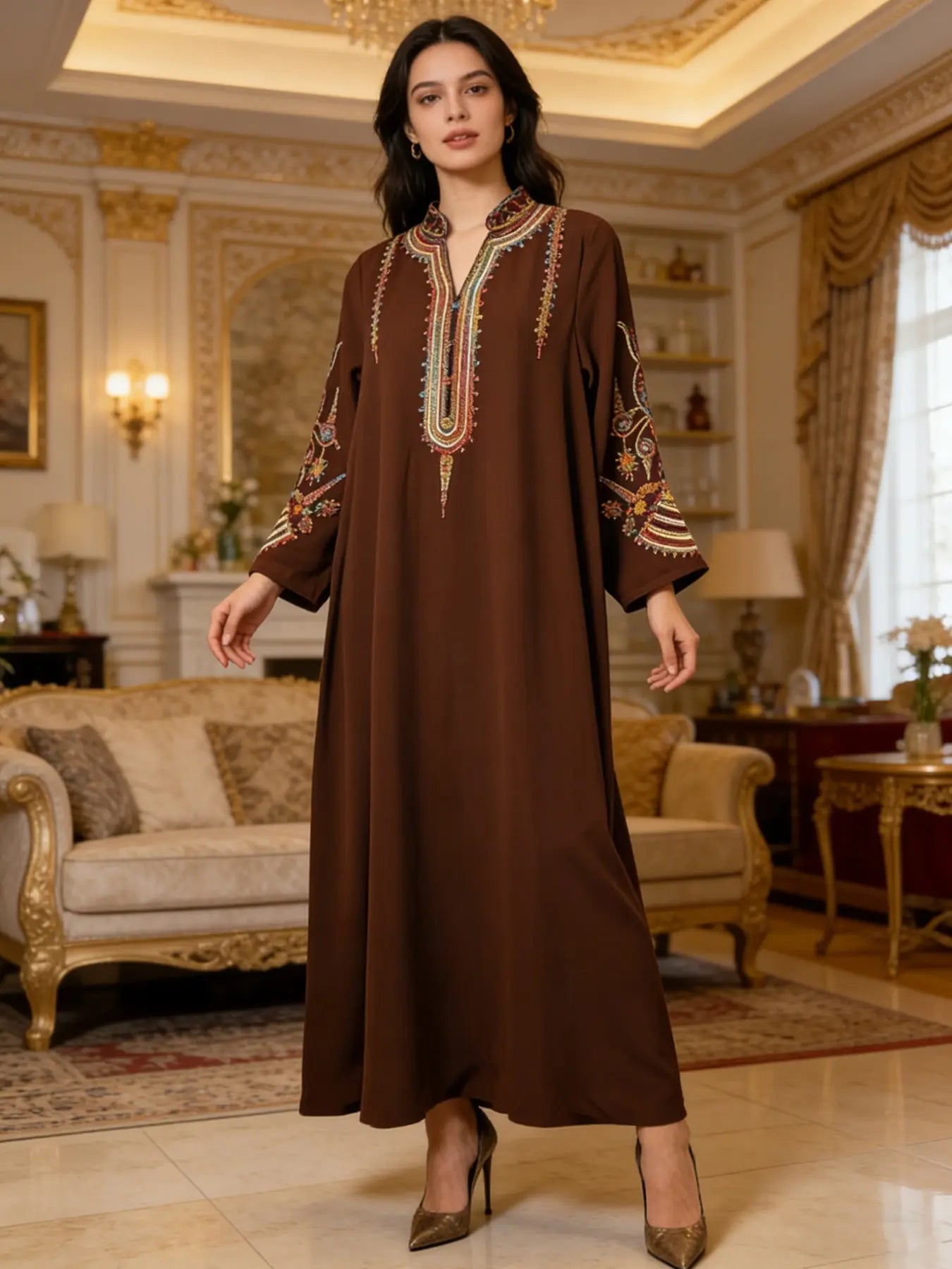 Longue robe musulmane élégante pour femme avec broderie colorée, parfaite pour toutes les saisons, vêtement stylé et confortable, robes pour femmes musulmanes