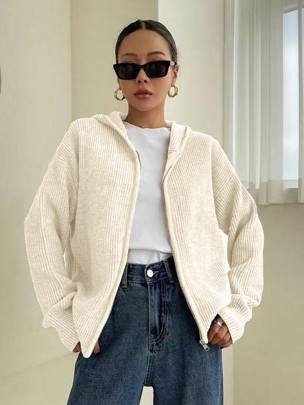 Cardigan à capuche zippé de couleur unie pour femme, en tricot décontracté à manches longues pour l'automne et l'hiver, vêtement en maille tendance pour femme pour le quotidien