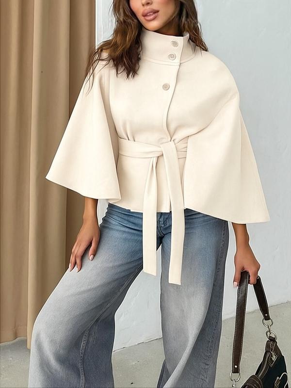 Manteau cape en laine uni à boucle pour femme, vêtement d'extérieur décontracté pour l'automne et l'hiver, chic pour les sorties quotidiennes, vestes