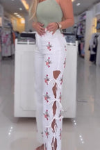 Women High Waisted Embroidered Side Hollow Strap Casual Wide Leg Jeans