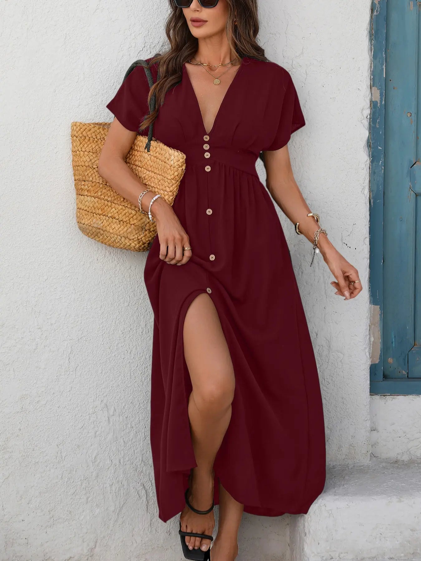 Robe boutonnée unie à manches courtes pour femme, pièce élégante, robe chic pour fête, vacances, invitée de mariage, vêtements d'été pour femme