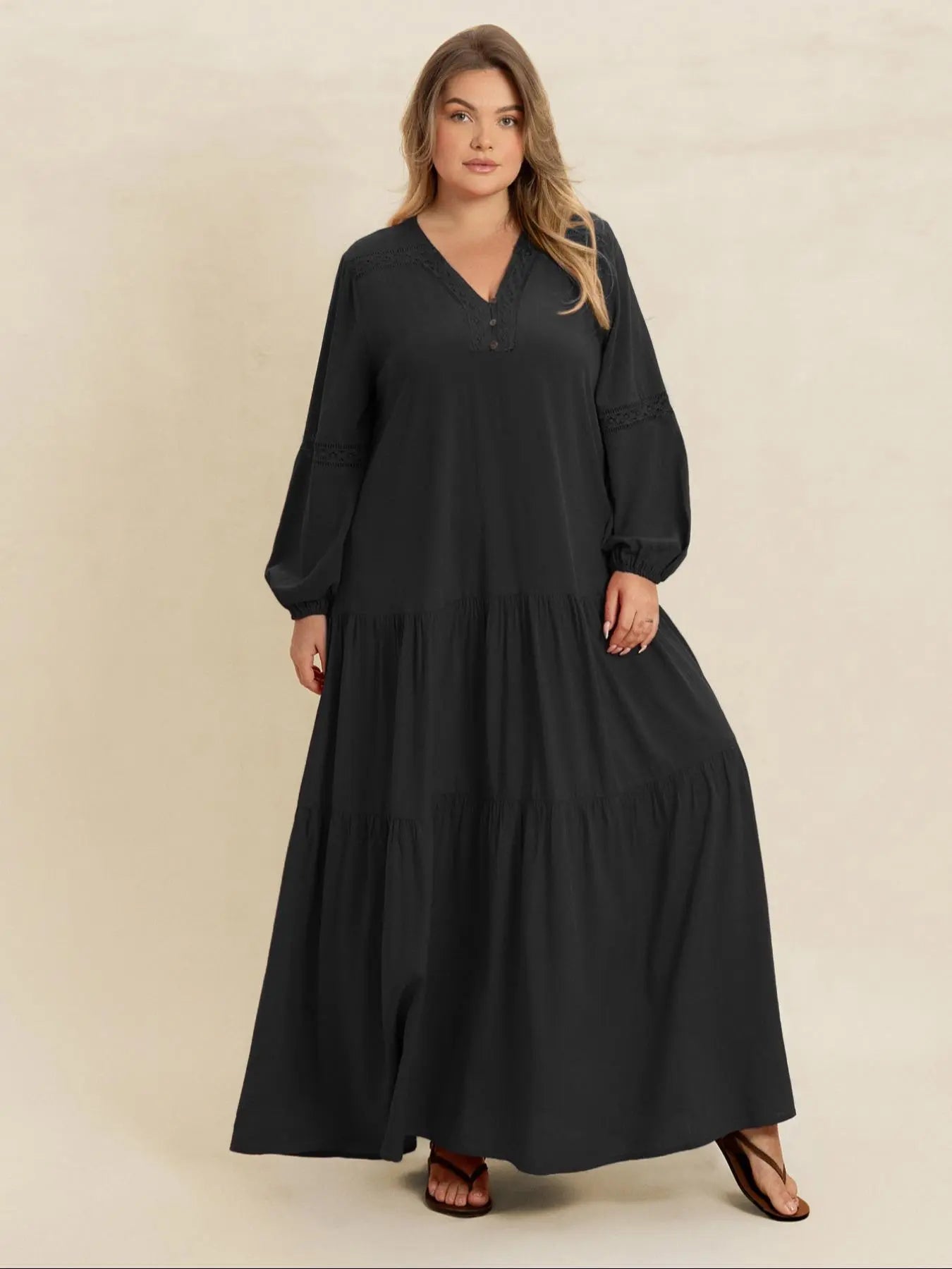 【Grande taille】 Robe longue unie à col en V et manches longues, Robe bohème modeste pour le quotidien, les vacances et les voyages, Vêtements grande taille pour femmes toutes saisons