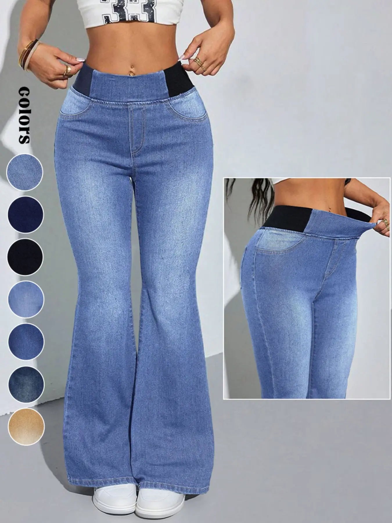 Jeans évasés Y2K 2026 pour femmes, taille élastique mi-haute, avec poches, délavage bleu clair, jeans pattes d'éléphant jambes larges pour femmes, taille ajustée